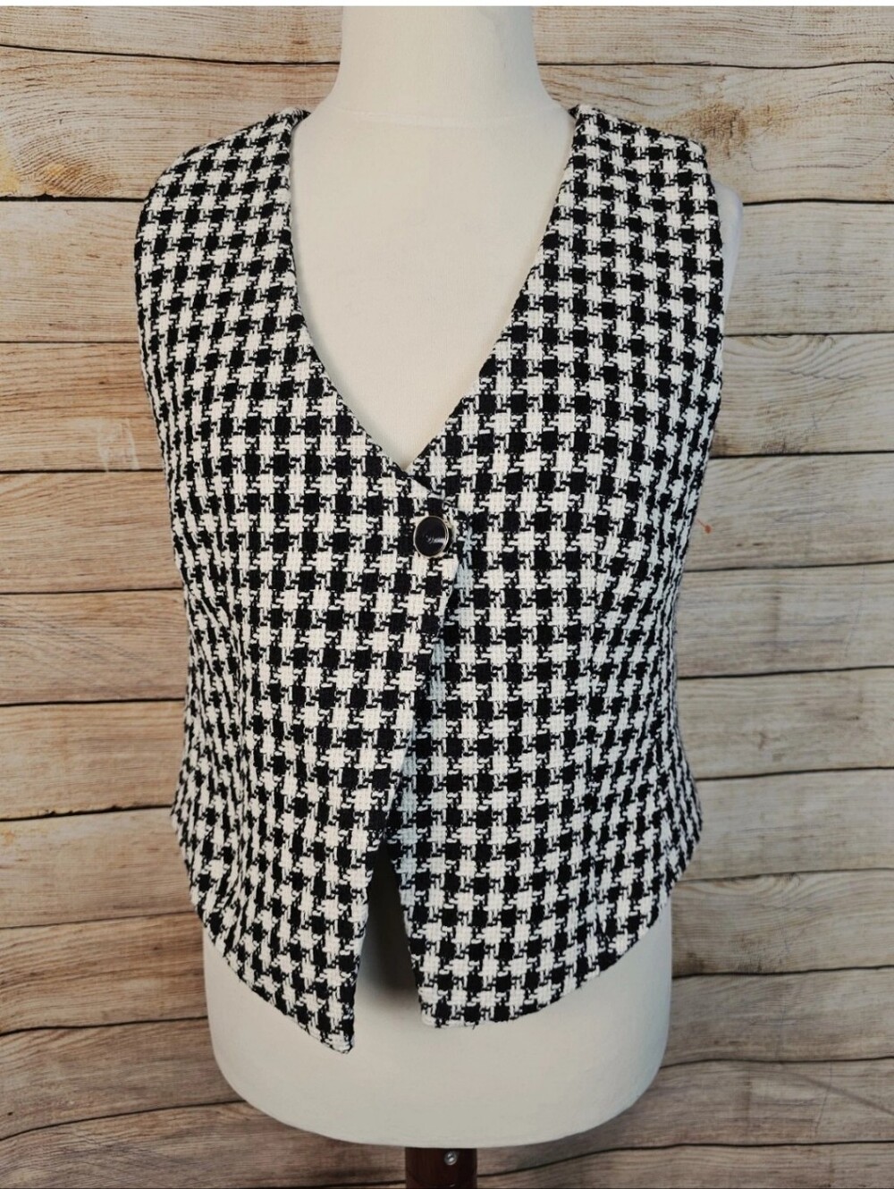 Talbots Black White Houndstooth Plaid Vest Size 10